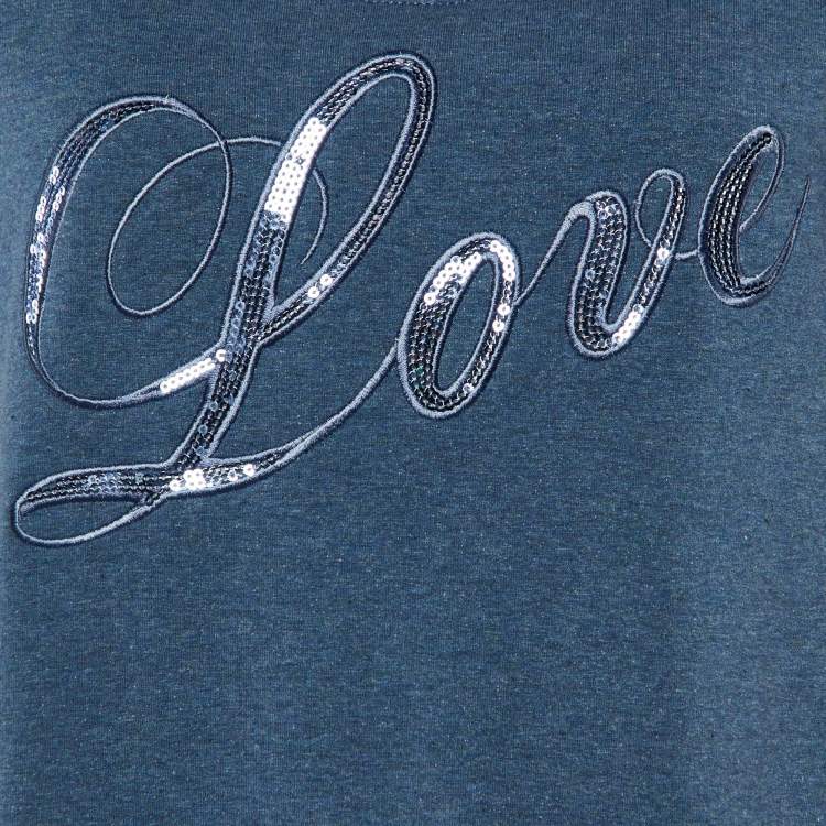 Pre Owned Love Moschino Blue Cotton Knit Sequin logo Embroidered Sweater Mini Dress M