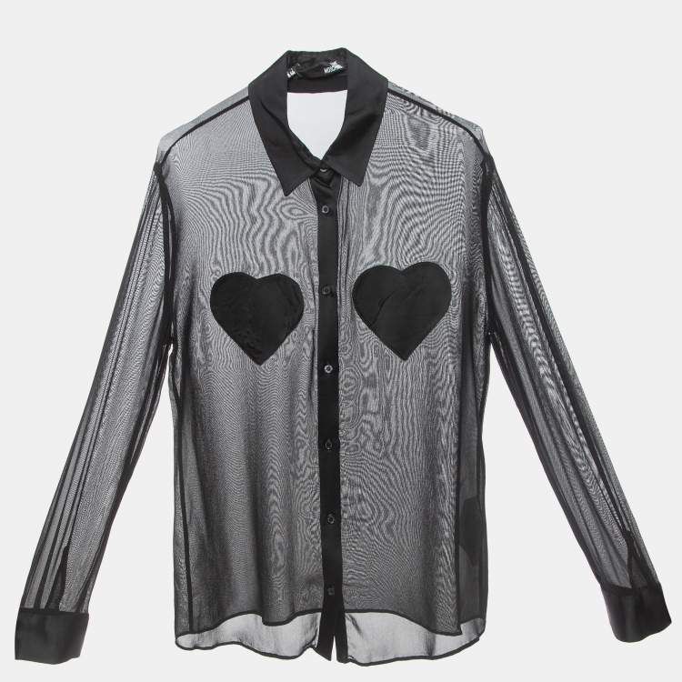Pre Owned Love Moschino Black Chiffon Heart Patched Shirt L