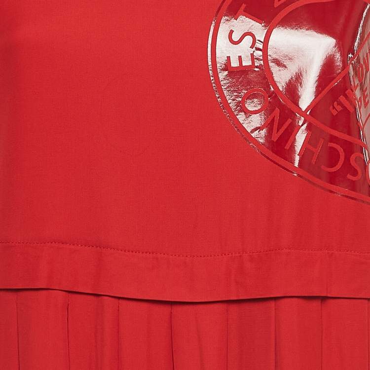 Pre Owned Love Moschino Red Crepe Leather Patch Pleated Maxi Dress S