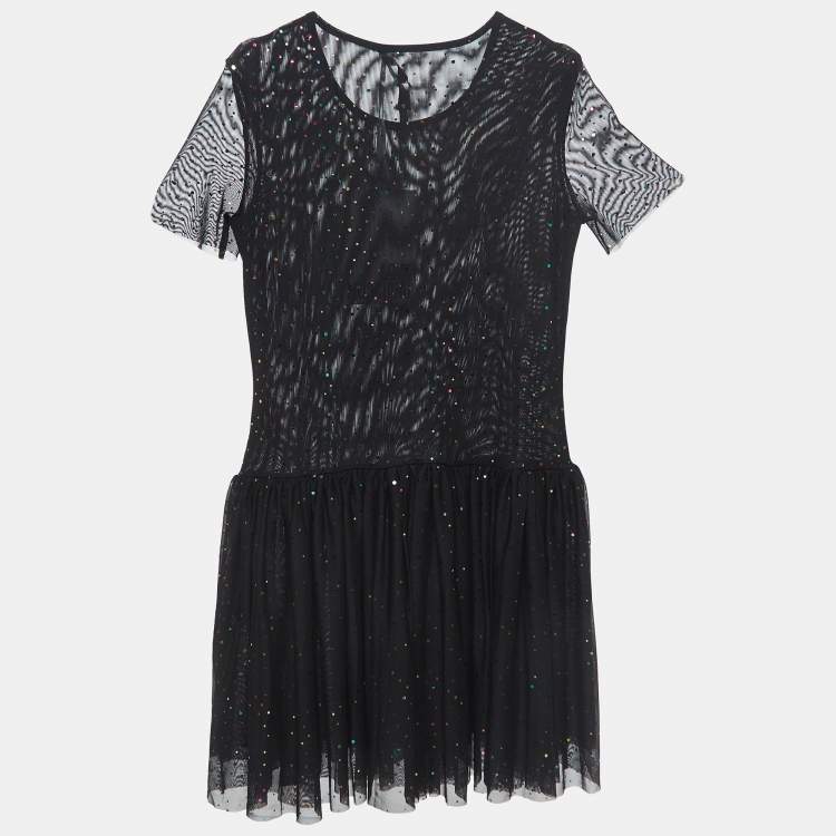 Pre Owned Love Moschino Black Dotted Tulle Gathered Mini Dress M