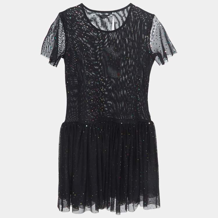 Pre Owned Love Moschino Black Dotted Tulle Gathered Mini Dress M