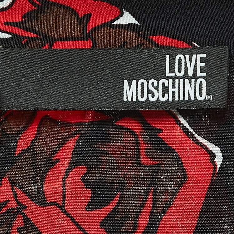 Pre Owned Love Moschino Black Rose Print Crepe Buttoned Mini Shirt Dress M