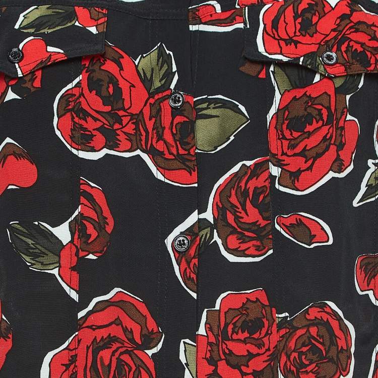 Pre Owned Love Moschino Black Rose Print Crepe Buttoned Mini Shirt Dress M