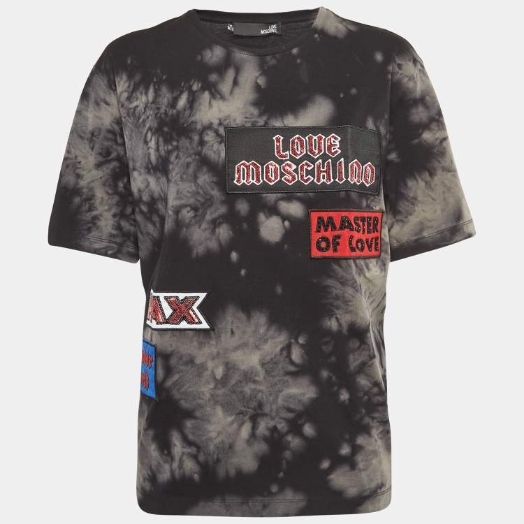 Pre Owned Love Moschino Black Tie-Dye Applique Short Sleeve T-Shirt S