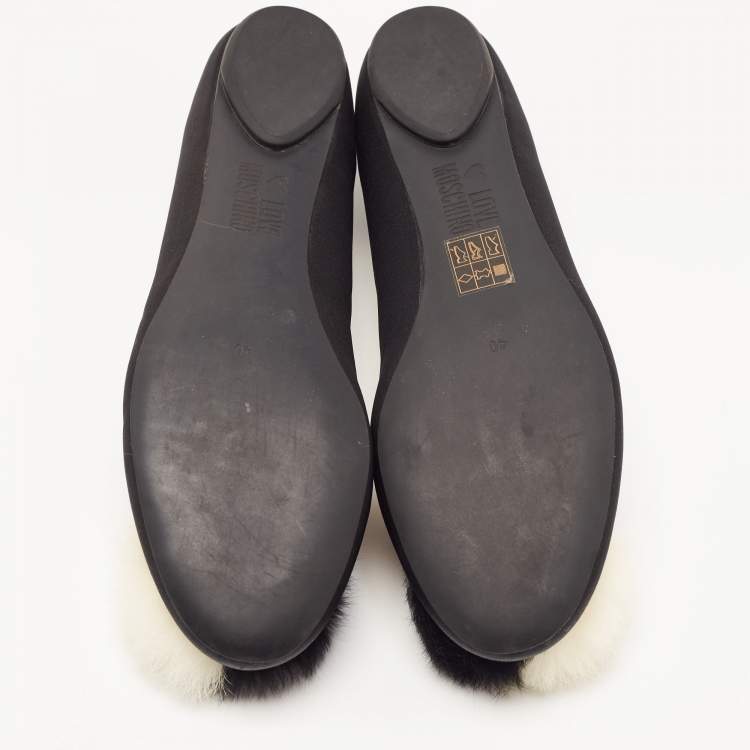 Pre Owned Love Moschino Black Satin Pom Pom Ballet Flats Size 40