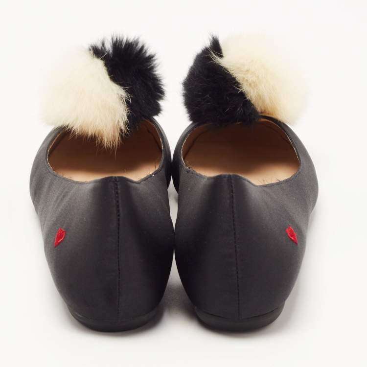 Pre Owned Love Moschino Black Satin Pom Pom Ballet Flats Size 40
