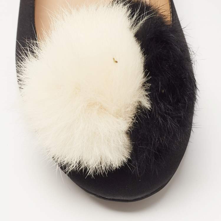 Pre Owned Love Moschino Black Satin Pom Pom Ballet Flats Size 40