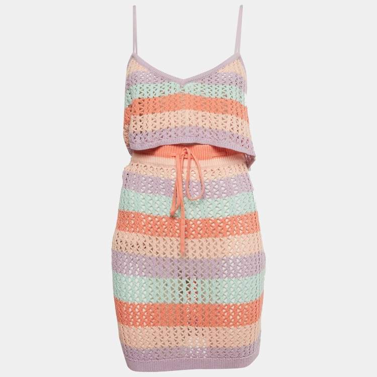 Pre Owned Lovers + Friends Pink/Blue Striped Crochet Skirt and Top L