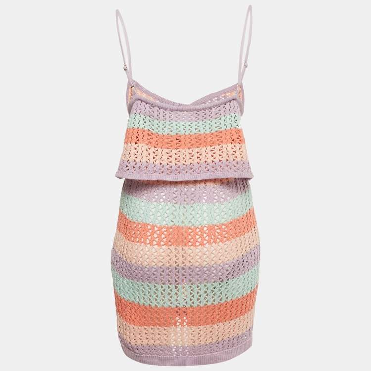Pre Owned Lovers + Friends Pink/Blue Striped Crochet Skirt and Top L