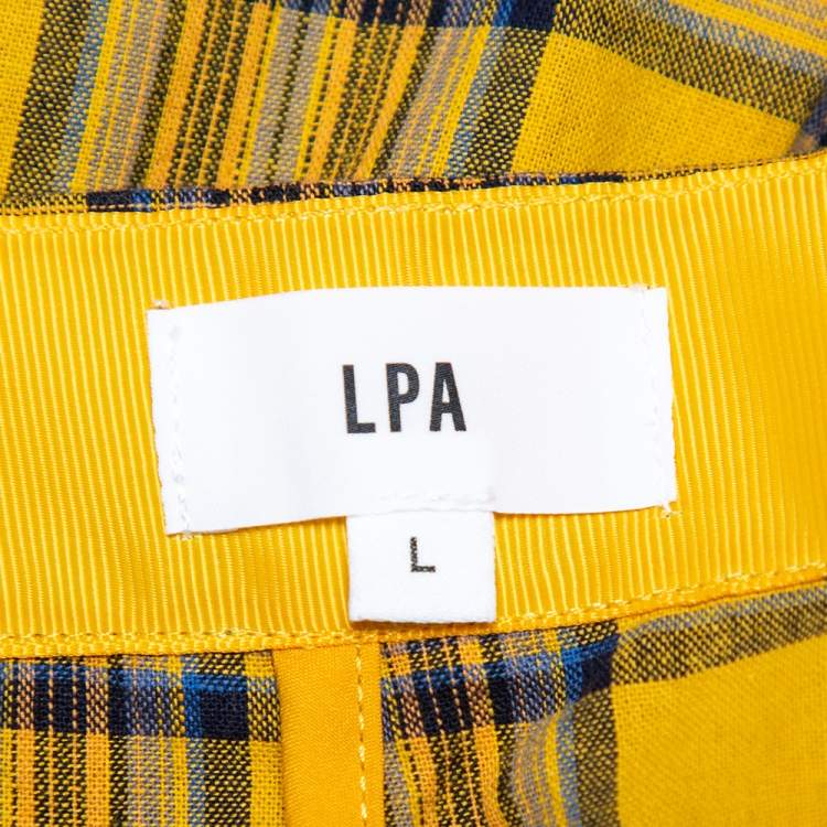 Pre Owned LPA Mustard Yellow Cotton Plaid Slim Trousers L 