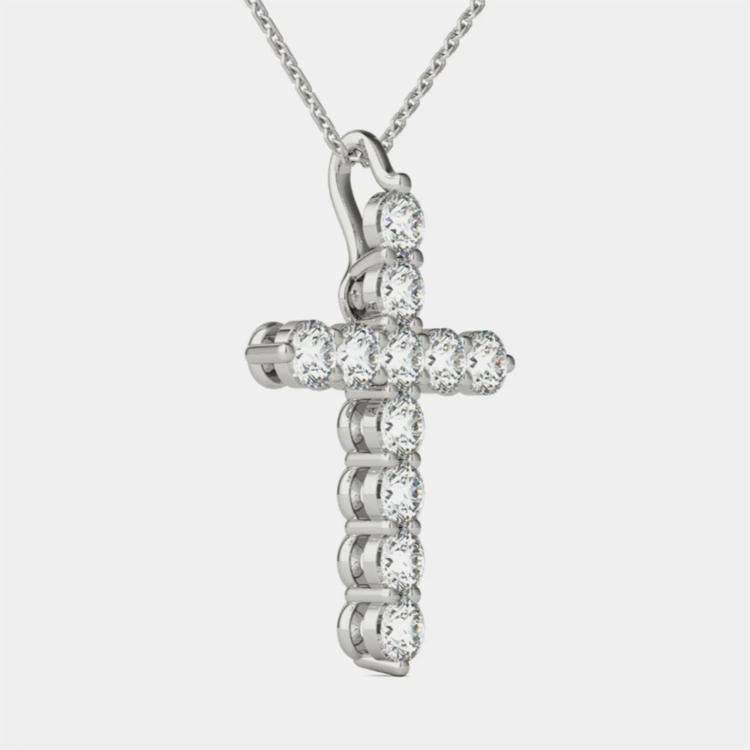 Pre Owned 14K Hypoallergenic White Gold Natural Diamond Cross Pendant Necklace (1.00 Ctw)