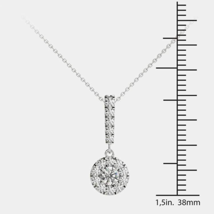 Pre Owned 14K White Gold Natural Diamond Halo Stick Pendant Necklace (0.50 Ctw)