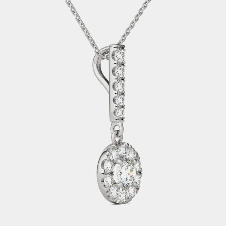 Pre Owned 14K White Gold Natural Diamond Halo Stick Pendant Necklace (0.50 Ctw)