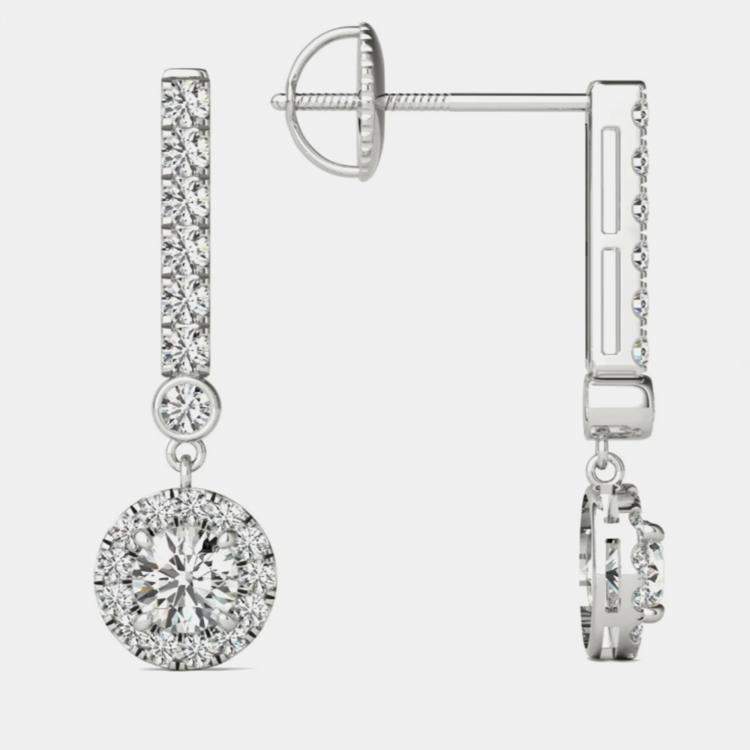 Pre Owned 14K Gold Natural Diamond Dangle Halo Screw Back Earrings (3/4 Ctw)