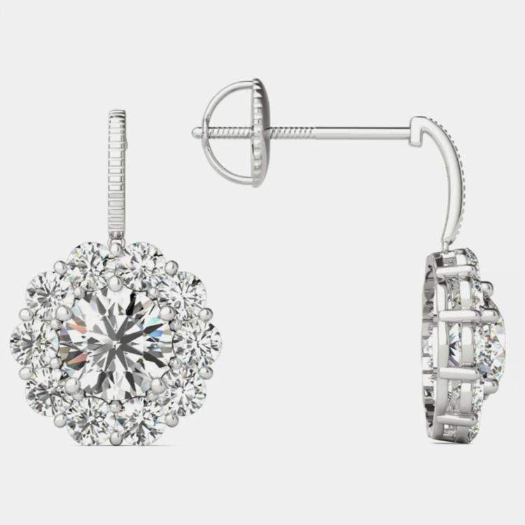 Pre Owned 14K White Gold Natural Diamond Dangle Halo Screw Back Earrings (2.20 Ctw)