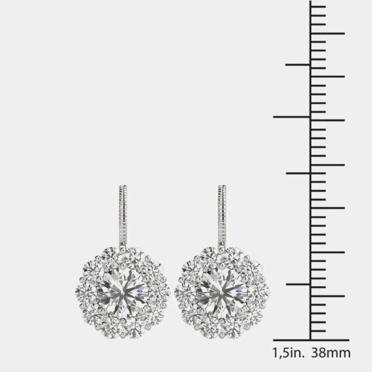 Pre Owned 14K White Gold Natural Diamond Dangle Halo Screw Back Earrings (2.20 Ctw)