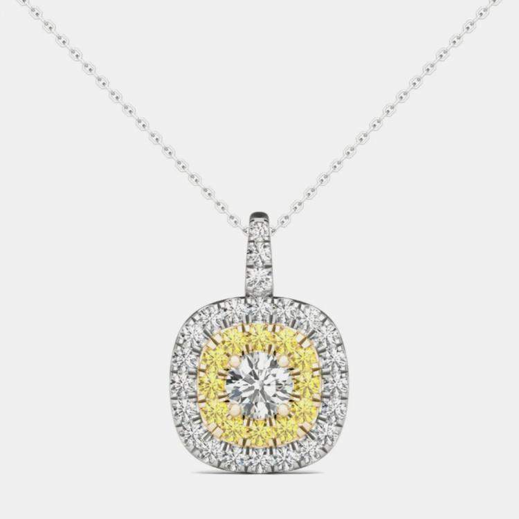 Pre Owned 14K White Gold Natural Diamond Double Halo Pendant (1.00 Ctw)