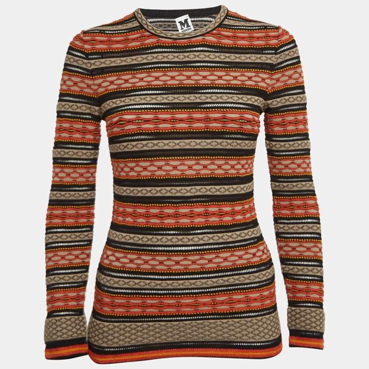 Pre Owned M Missoni Orange/Black Patterned Knit Long Sleeve Top S