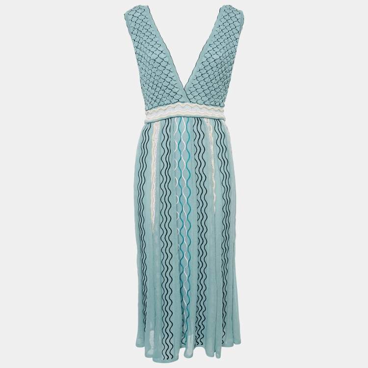 Pre Owned M Missoni Blue Patterned Knit V-Neck Sleeveless Midi Dress L