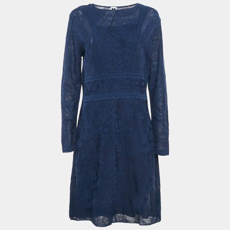 مملوكة مسبقًا M Missoni Navy Blue Jacquard Knit Knee-Length Dress L