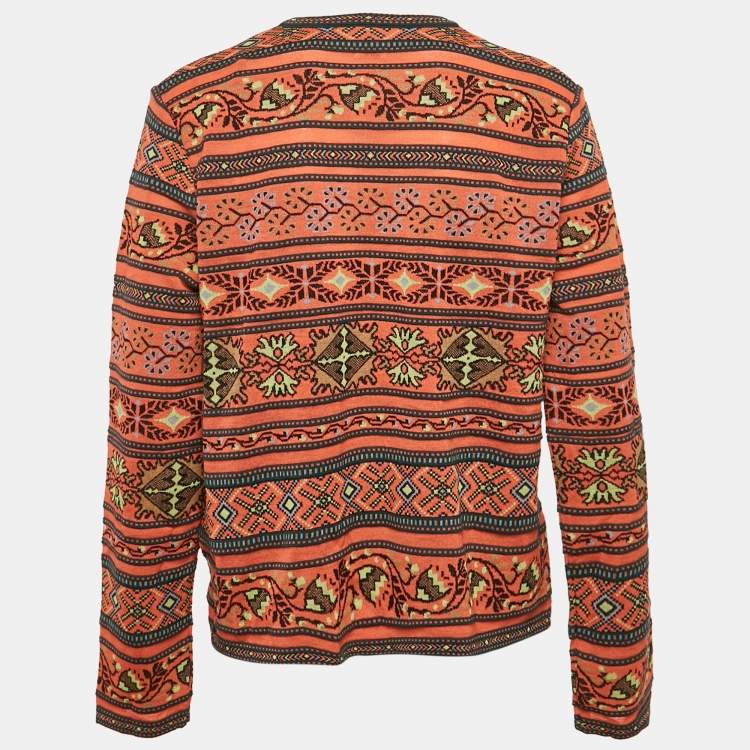 Pre Owned M Missoni Orange/Multicolor Patterned Knit Wool Blend Cardigan L