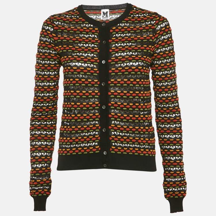 Pre Owned M Missoni Black/Orange Eyelet Patterned Knit Cardigan M
