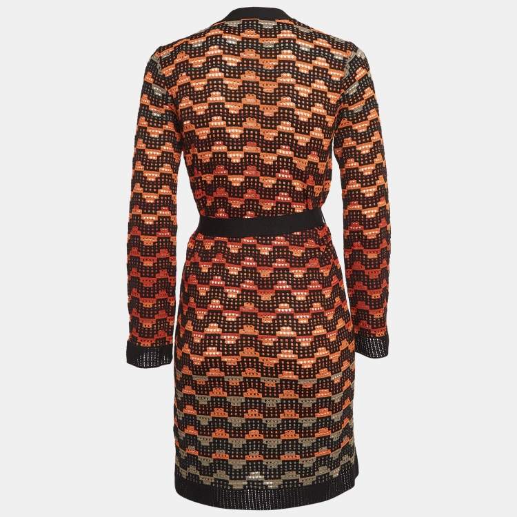 Pre Owned M Missoni Orange/Black Patterned Knit Belted Cardigan S