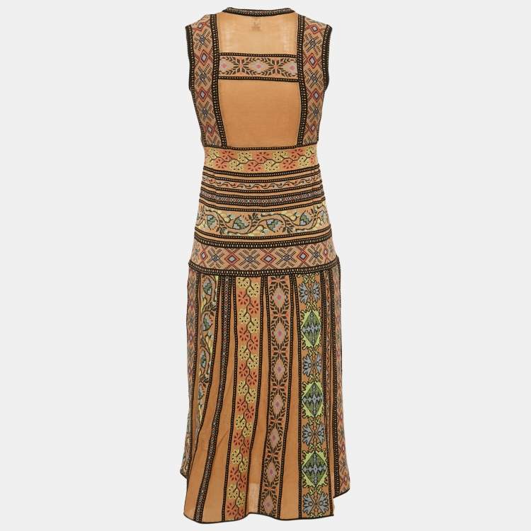 Pre Owned M Missoni Beige Patterned Intarsia Wool Knit Sleeveless Midi Dress S