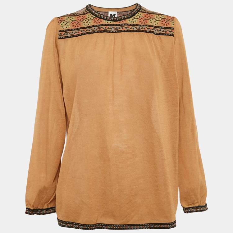Pre Owned M Missoni Brown Wool Blend Knit Contrast Patterned Knit Trim Detail Top L