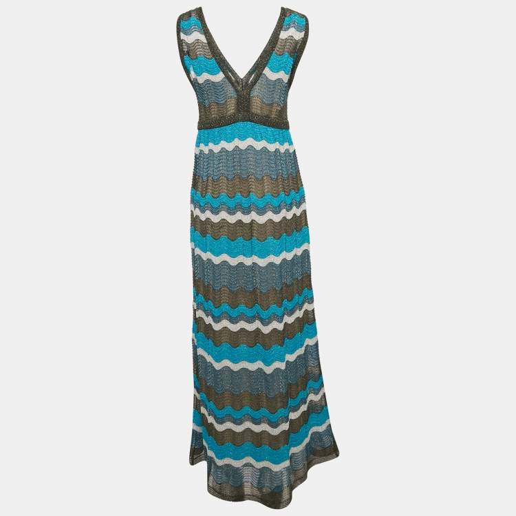 مملوكة مسبقًا M Missoni Blue Wave Pattern Lurex Knit Sleeveless Long Dress M