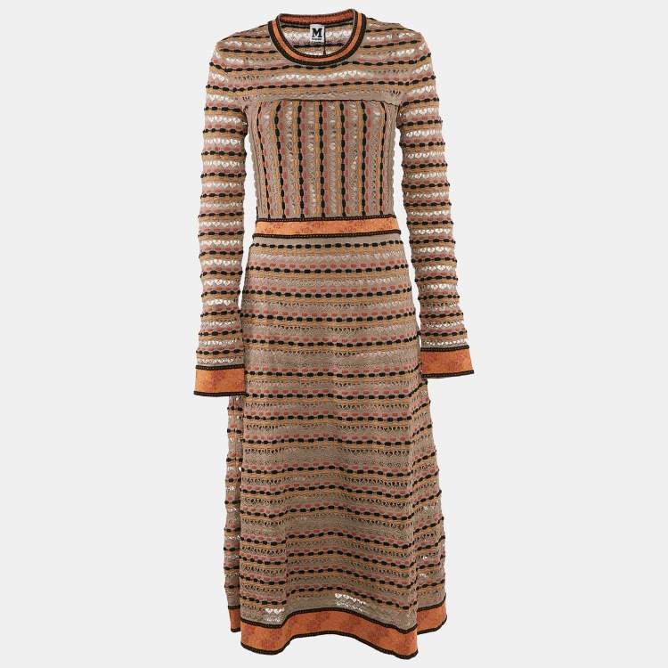 Pre Owned M Missoni Beige/Black Patterned Knit Long Sleeve Midi Dress M