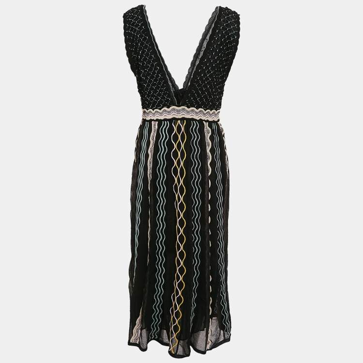 Pre Owned M Missoni Black/Blue Patterned Knit Plunge Neck Midi Dress L