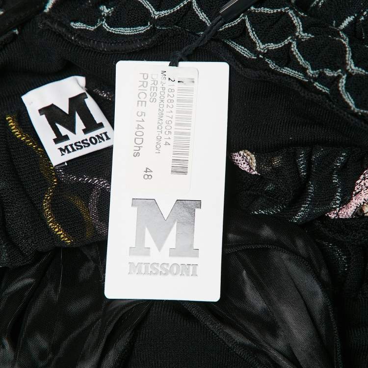 Pre Owned M Missoni Black/Blue Patterned Knit Plunge Neck Midi Dress L