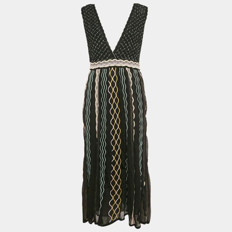 Pre Owned M Missoni Black/Blue Patterned Knit Plunge Neck Midi Dress L