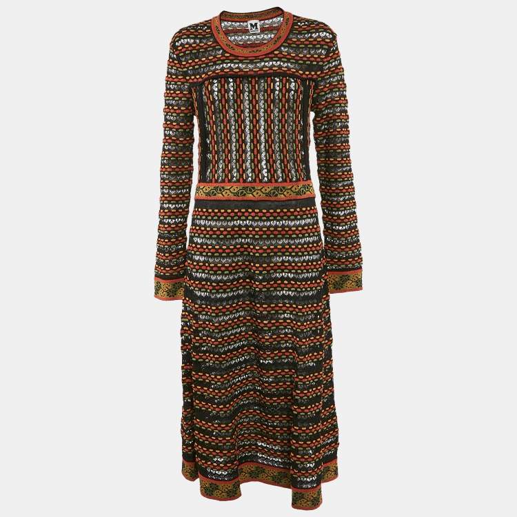 Pre Owned M Missoni Black/Orange Patterned Knit Long Sleeve Midi Dress L