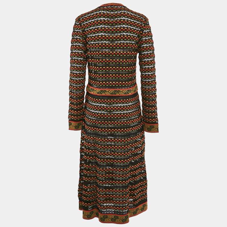 Pre Owned M Missoni Black/Orange Patterned Knit Long Sleeve Midi Dress L