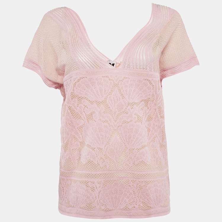 Pre Owned M Missoni Pink Floral Pattern Lurex Knit Cap Sleeve Top M
