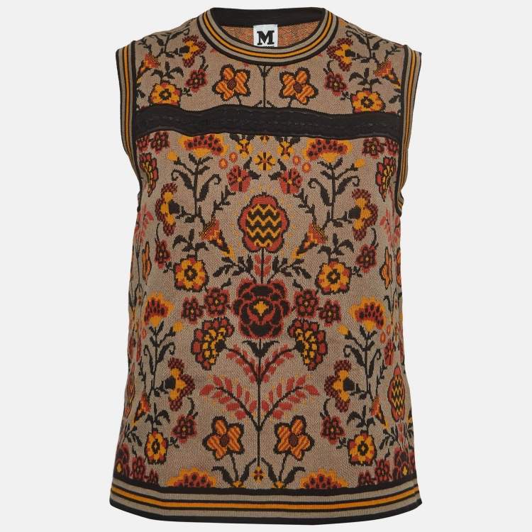Pre Owned M Missoni Brown Floral Pattern Knit Sleeveless Top L