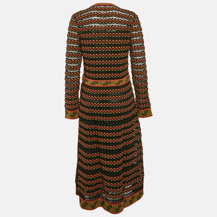 Pre Owned M Missoni Black/Orange Pointelle Knit Long Sleeve Midi Dress L