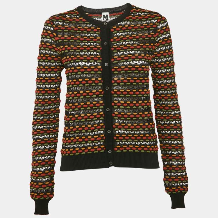 Pre Owned M Missoni Black/Orange Pointelle Knit Button Front Cardigan S