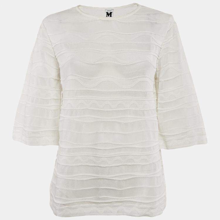 Pre Owned M Missoni White Patterned Knit Round Neck Sweater Top M