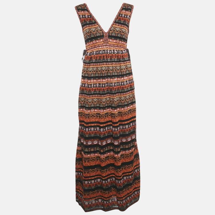 Pre Owned M Missoni Orange Patterned Lurex Knit Sleeveless Maxi Dress S