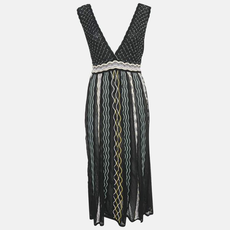 Pre Owned M Missoni Black/Blue Patterned Knit Plunge Neck Midi Dress M