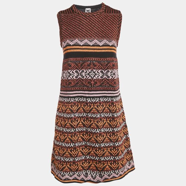 Pre Owned M Missoni Orange/Black Patterned Lurex Knit Short Dress M