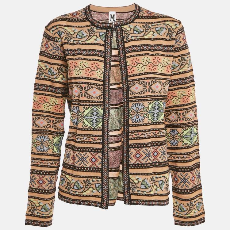 Pre Owned M Missoni Beige Floral Pattern Knit Full Sleeve Cardigan L