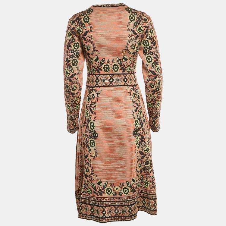 Pre Owned M Missoni Beige/Green Floral Pattern Knit Long Sleeve Midi Dress M