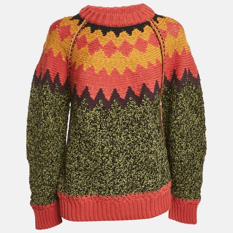 Pre Owned M Missoni Green/Brown Intarsia Wool-Blend Crewneck Sweater L