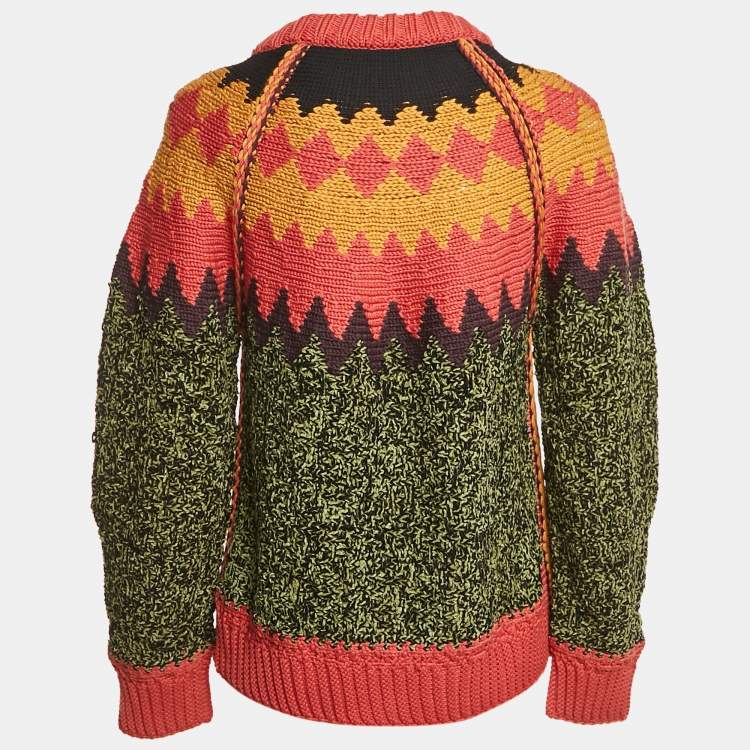 Pre Owned M Missoni Green/Brown Intarsia Wool-Blend Crewneck Sweater L