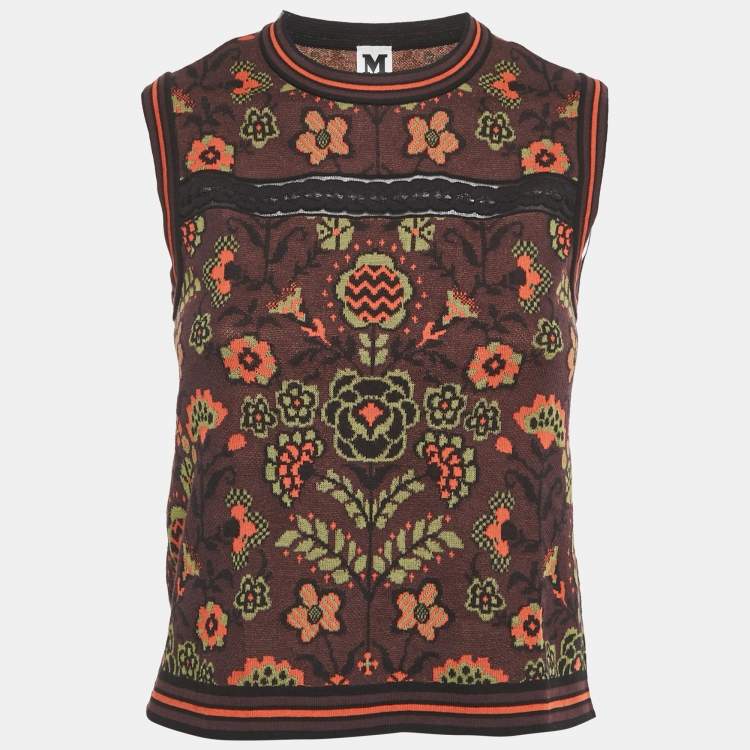 Pre Owned M Missoni Burgundy Floral Pattern Knit Sleeveless Top S