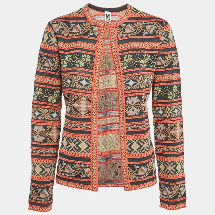 Pre Owned M Missoni Teal Green/Orange Floral Pattern Knit Cardigan M